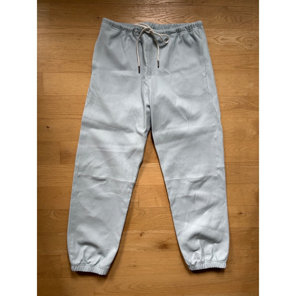 SPRWMN 100% Lambskin Leather Light Blue Jogger Pants Medium Elastic Waist Luxury
